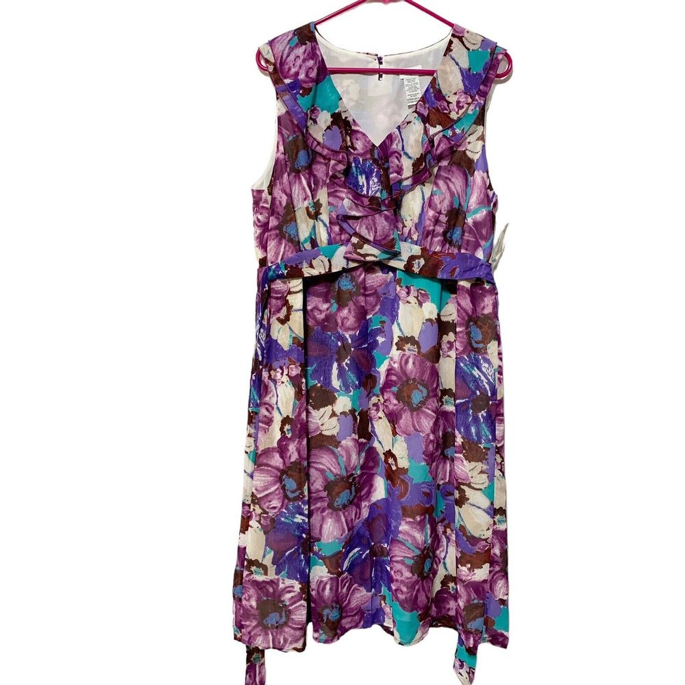 Jaclyn Smith Dress Sleeveless Purple Floral Ruffle V-Neck Tie Waist XL
